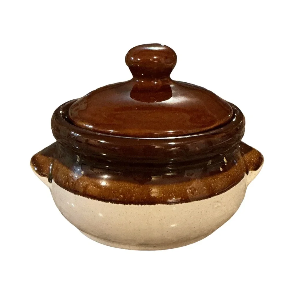 Gailstyn Taiwan Stoneware Bean Pot Two-Tone Brown Cream Glazed Lidded Crock 5x5